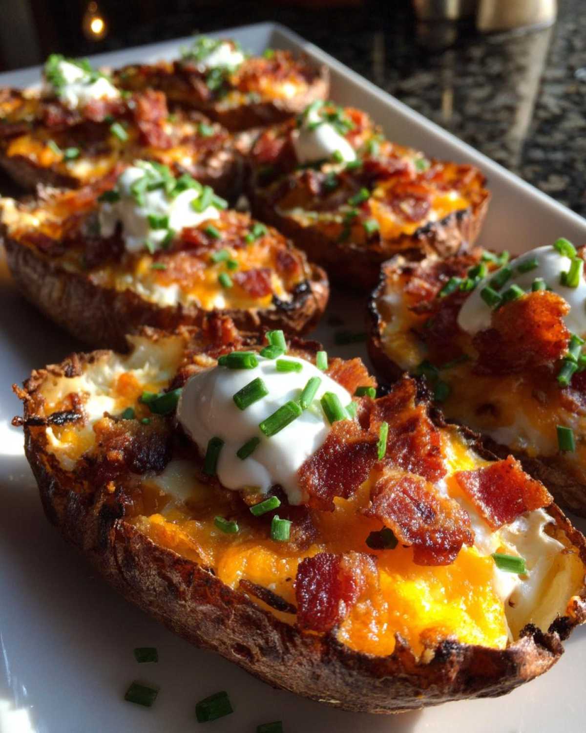 A close-up of crispy, loaded potato skins filled with melted cheddar cheese, bacon bits, sour cream, and fresh chives.