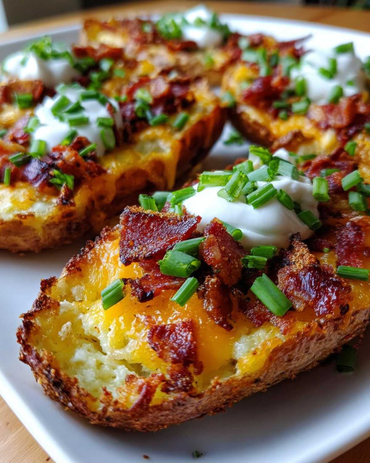 Close-up of crispy baked potato skins loaded with melted cheddar cheese, bacon bits, sour cream, and chives.