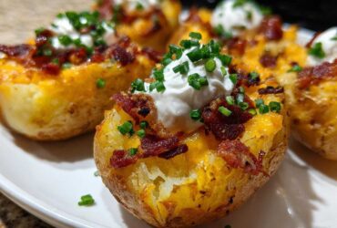 Close-up of perfectly baked potato skins loaded with melted cheese, crispy bacon bits, sour cream, and fresh chives.
