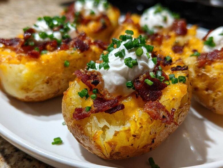 Close-up of perfectly baked potato skins loaded with melted cheese, crispy bacon bits, sour cream, and fresh chives.