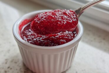 Close-up of a spoonful of thick, bright red raspberry jam being lifted from a small white ramekin.