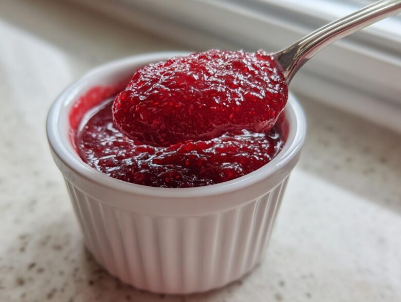 Close-up of a spoonful of thick, bright red raspberry jam being lifted from a small white ramekin.