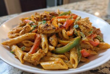 A close-up serving of creamy Rasta pasta mixed with seasoned chicken pieces and colorful bell peppers.