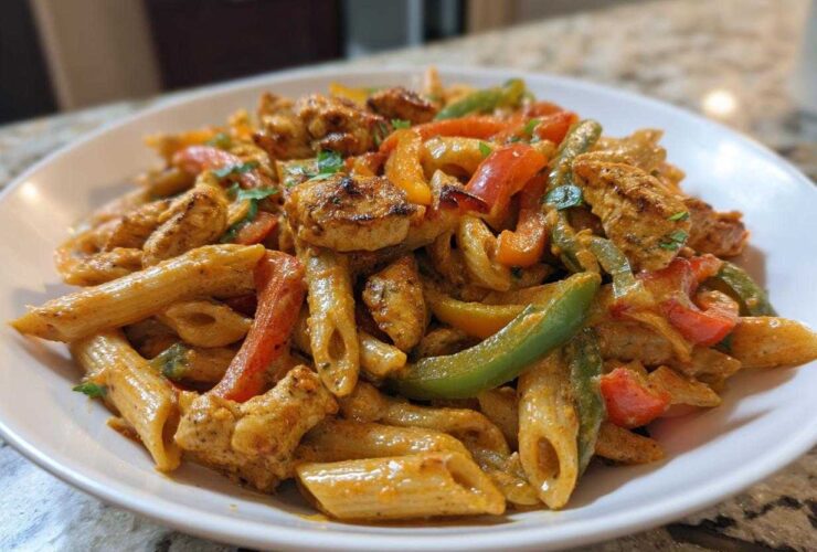 A close-up serving of creamy Rasta pasta mixed with seasoned chicken pieces and colorful bell peppers.