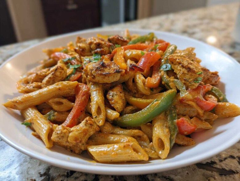 A close-up serving of creamy Rasta pasta mixed with seasoned chicken pieces and colorful bell peppers.