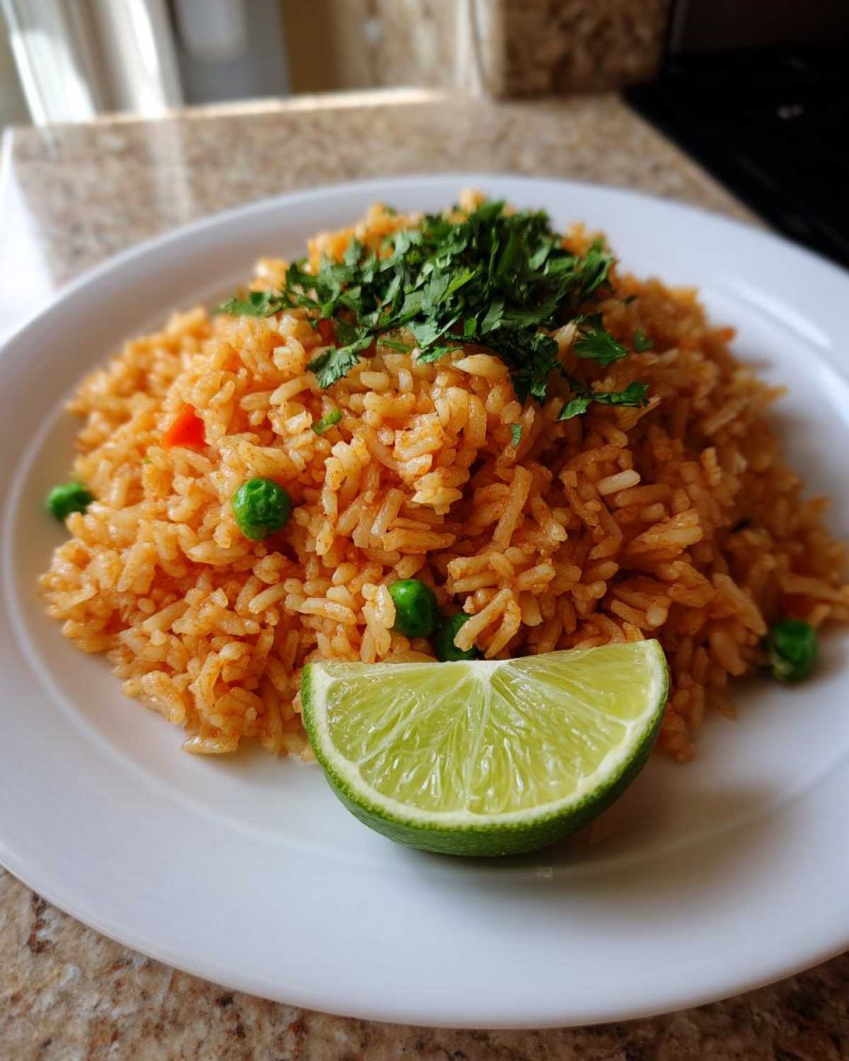 A serving of vibrant orange Spanish rice garnished with fresh cilantro and a wedge of lime.