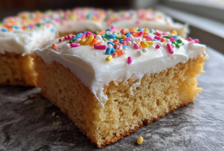 A close-up of a square, thick sugar cookie bars slice topped with white frosting and colorful sprinkles.