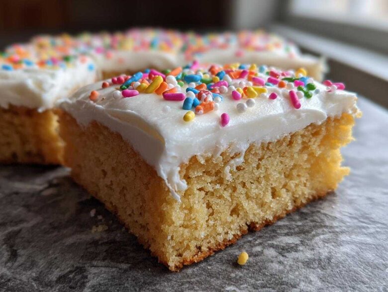 A close-up of a square, thick sugar cookie bars slice topped with white frosting and colorful sprinkles.