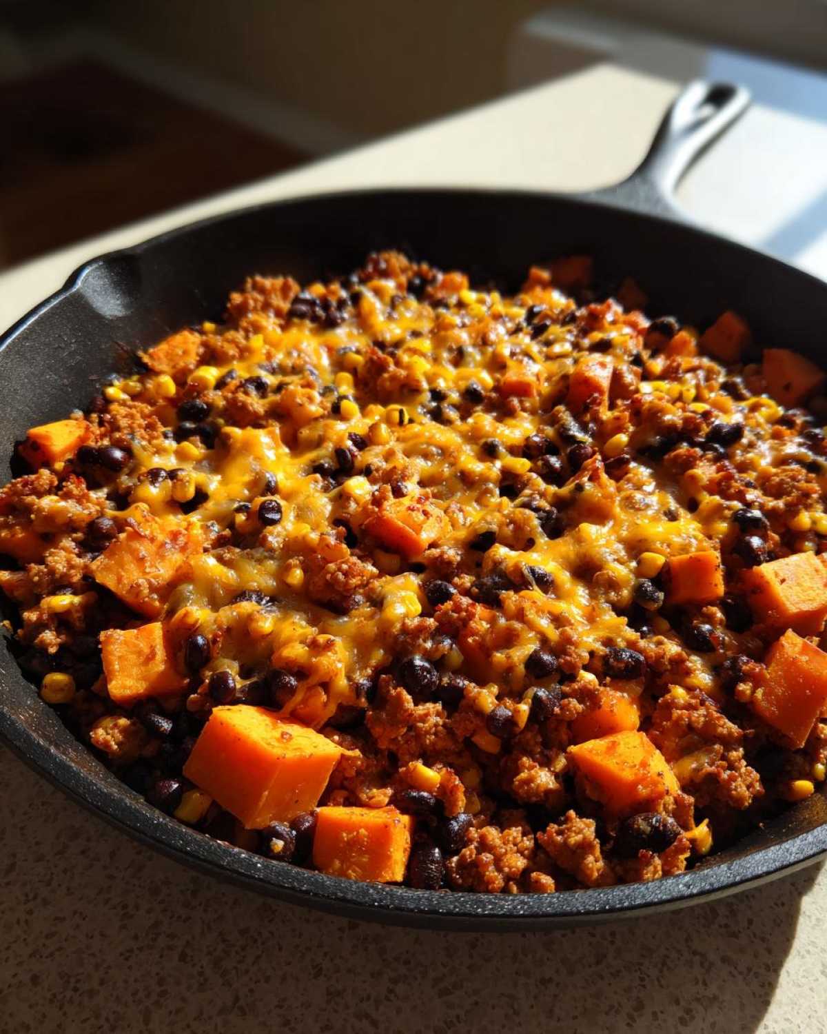 Close-up of a savory sweet potato skillet with ground meat, black beans, corn, and melted cheese in a black cast iron pan.