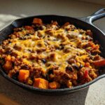 A close-up of an amazing 30 minute sweet potato skillet topped with melted cheddar and black beans in a black cast iron pan.