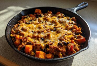 A close-up of an amazing 30 minute sweet potato skillet topped with melted cheddar and black beans in a black cast iron pan.
