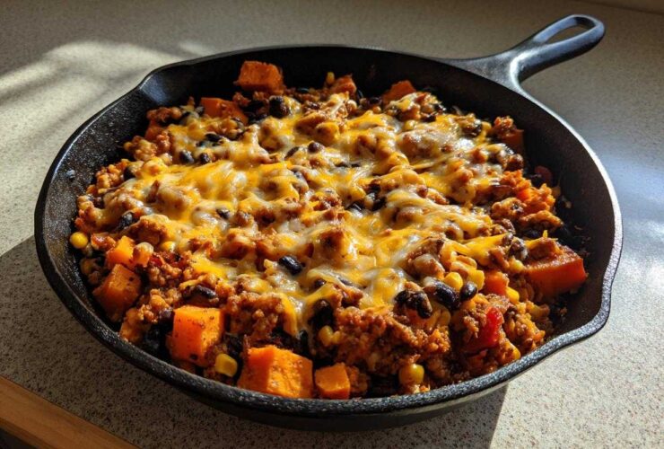A close-up of an amazing 30 minute sweet potato skillet topped with melted cheddar and black beans in a black cast iron pan.