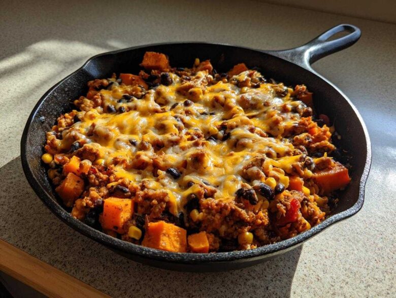 A close-up of an amazing 30 minute sweet potato skillet topped with melted cheddar and black beans in a black cast iron pan.