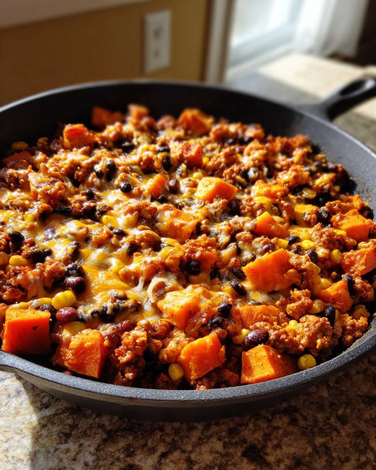 Close-up of a hearty sweet potato skillet topped with melted cheese, ground meat, black beans, and corn.