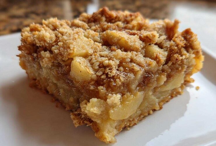 Close-up of a square slice of apple baked oatmeal topped with a cinnamon streusel crumb topping.