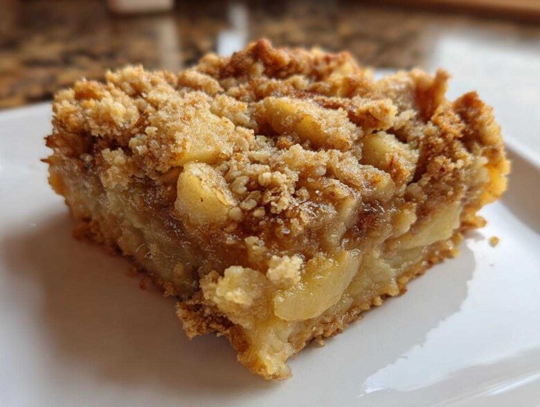 Close-up of a square slice of apple baked oatmeal topped with a cinnamon streusel crumb topping.