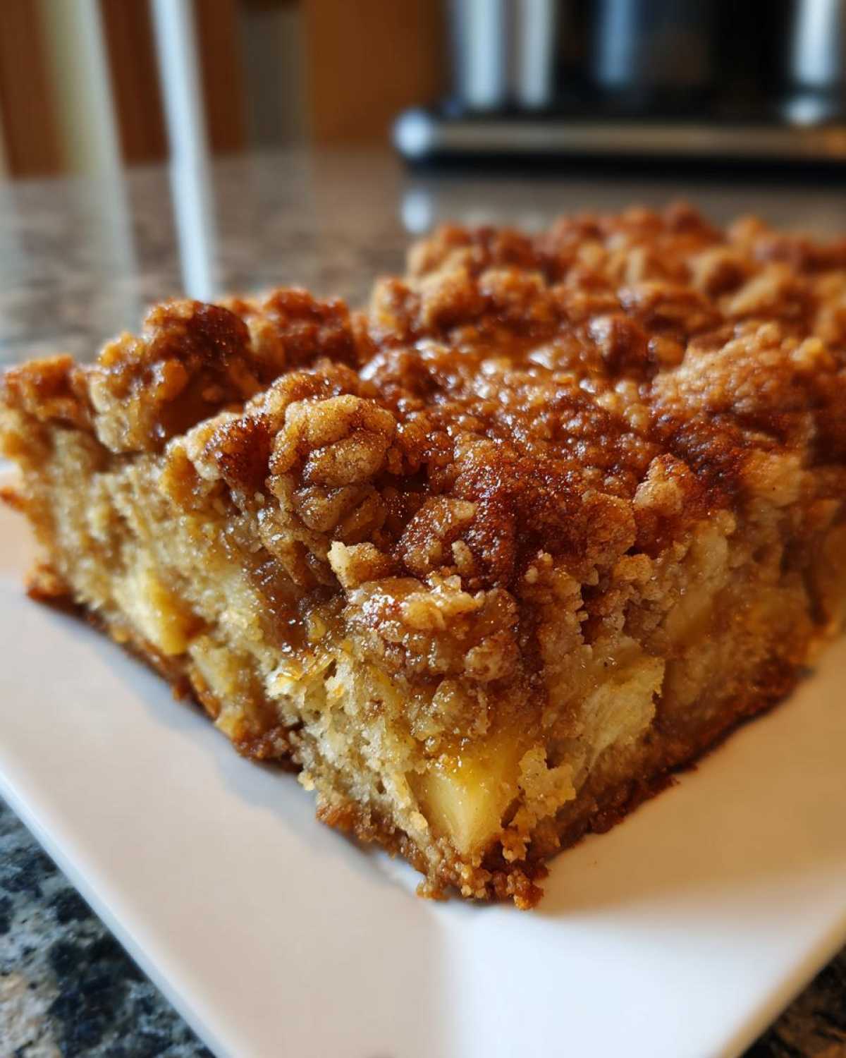Close-up of a square slice of moist baked oatmeal with visible apple chunks and a thick, sugary cinnamon crumb topping.