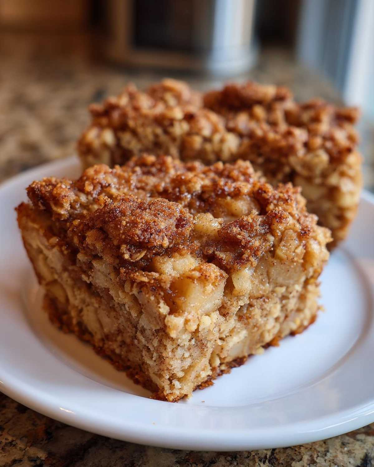 Two squares of moist baked oatmeal with visible apple chunks and a crunchy cinnamon streusel topping served on a white plate.