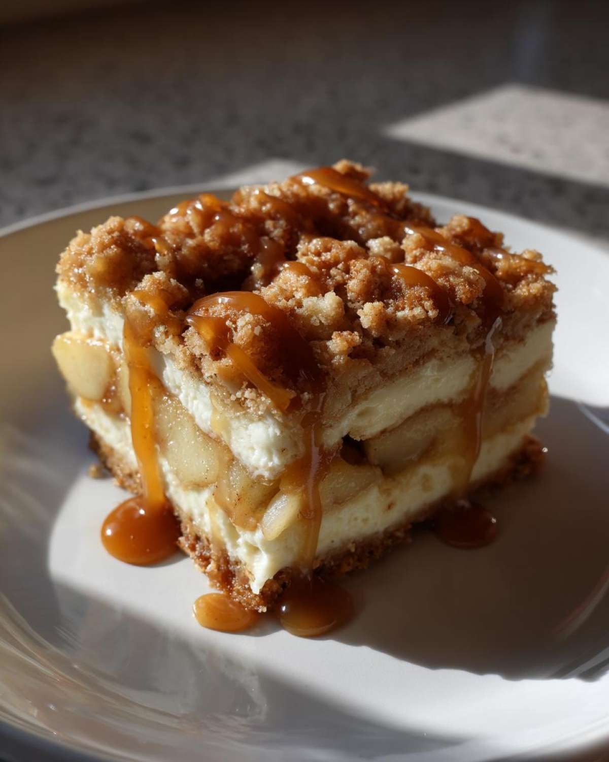 A rich, layered slice of apple cheesecake bars topped with crumble and drizzled heavily with caramel sauce.