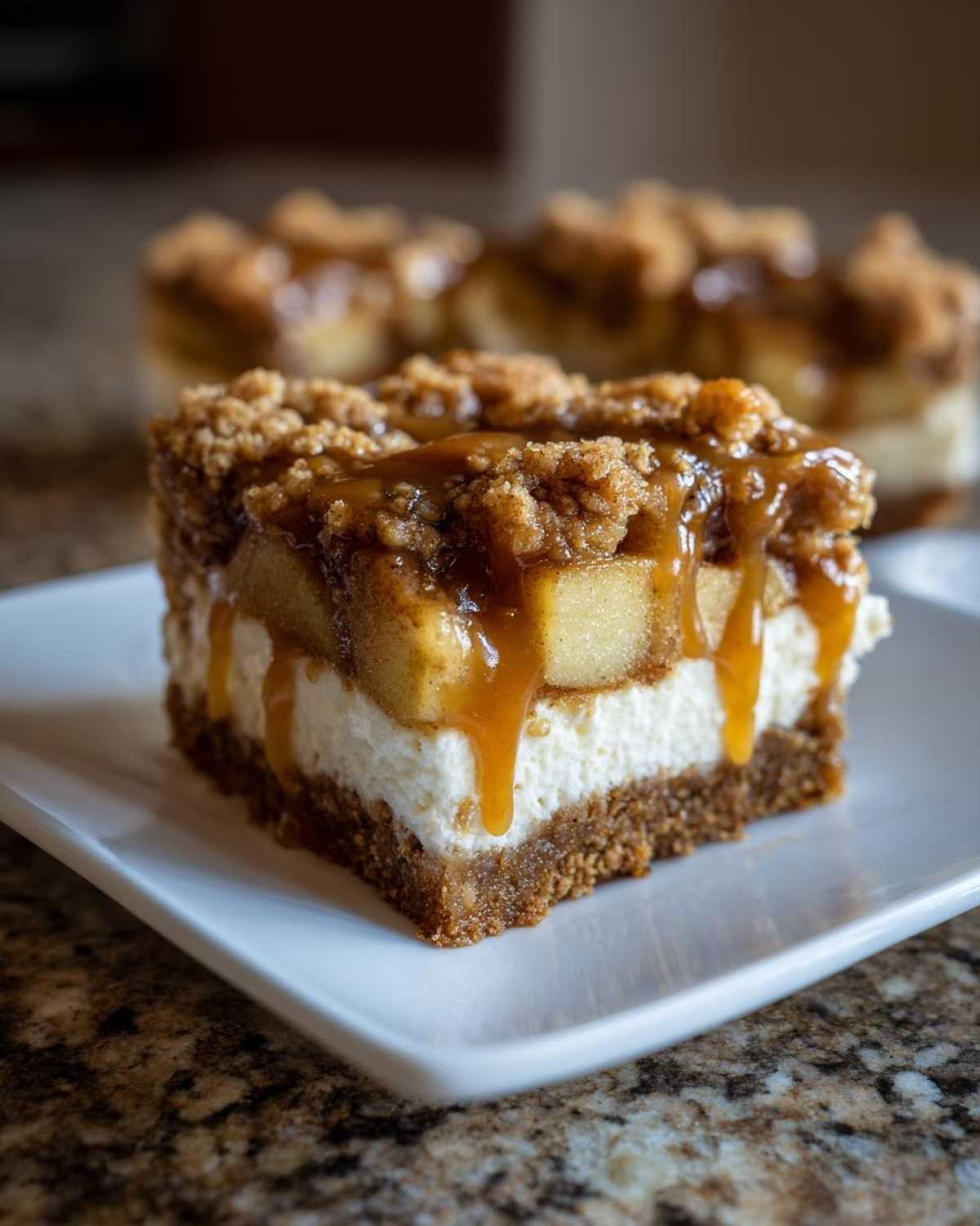A decadent slice of apple cheesecake bars featuring a graham cracker crust, creamy filling, spiced apples, and a caramel drizzle.