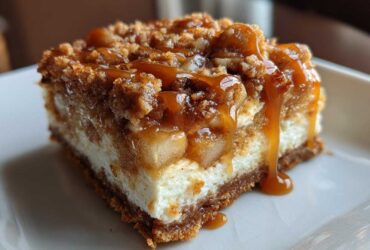 Close-up of a rich apple cheesecake bars square topped with crumble and drizzled with thick caramel sauce.