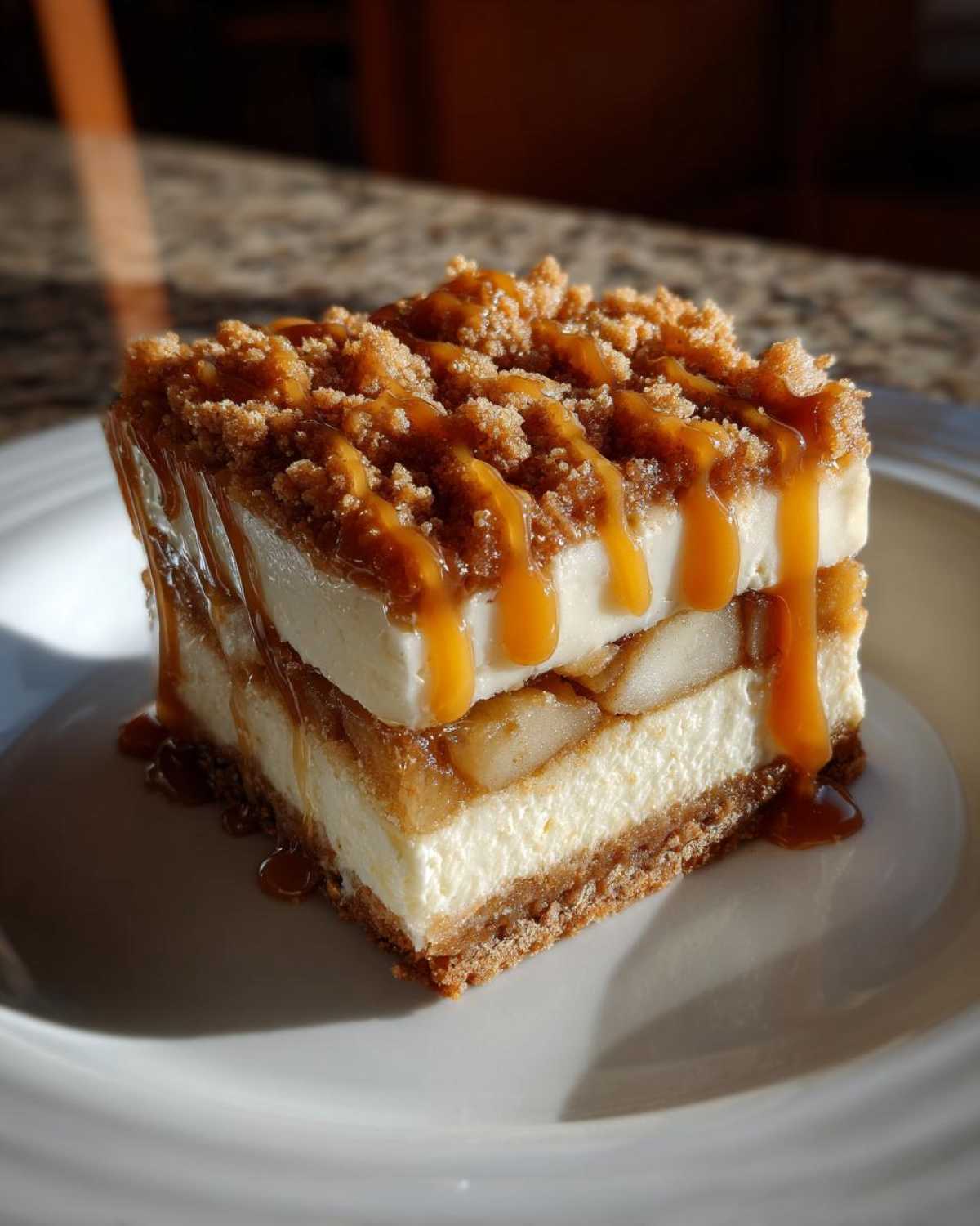 A layered square of apple cheesecake bars topped with crumble and drizzled generously with caramel sauce.