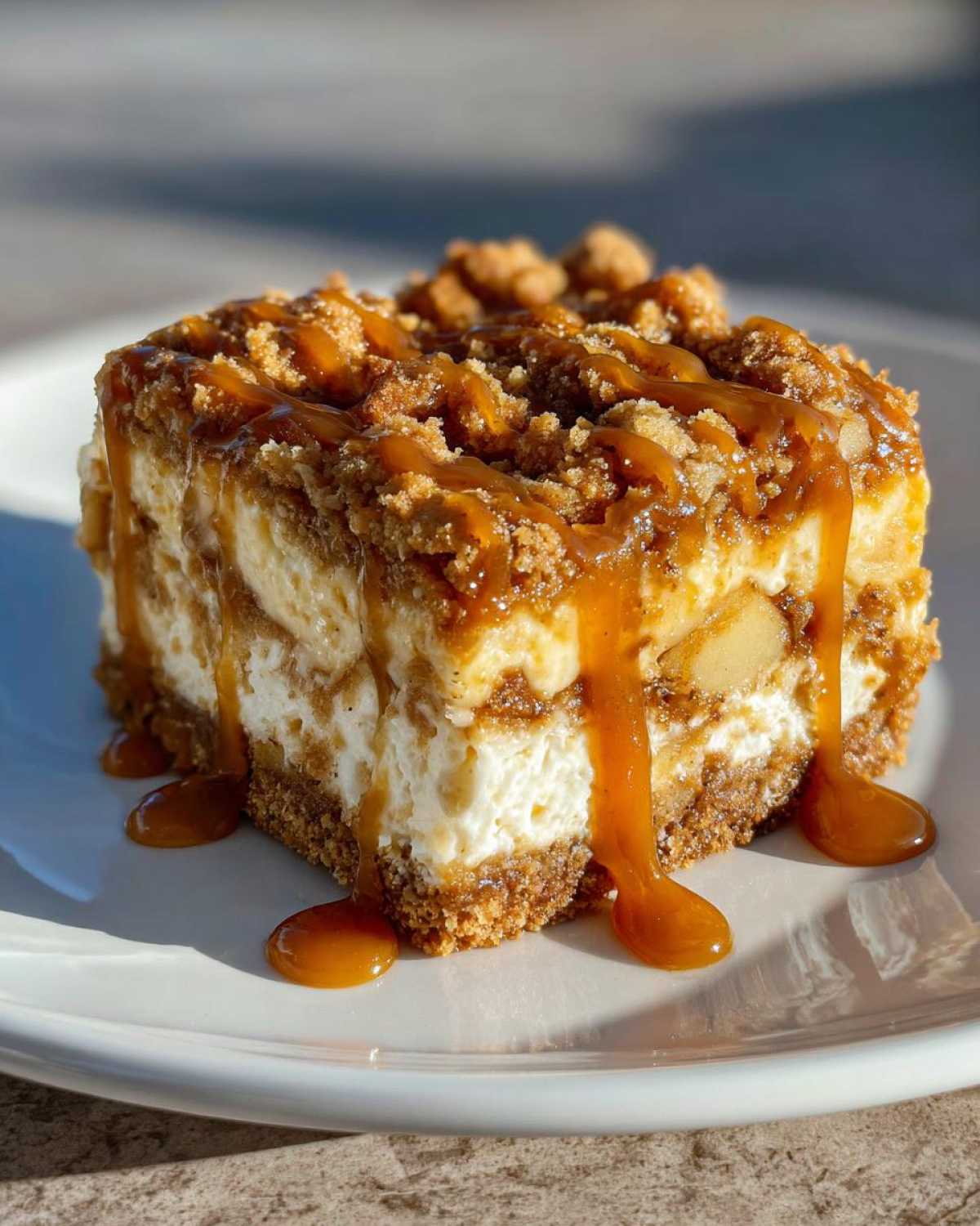 A decadent square of apple cheesecake bars topped with crumble and dripping with thick caramel sauce.