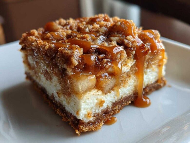 Close-up of a rich apple cheesecake bars square topped with crumble and drizzled with thick caramel sauce.
