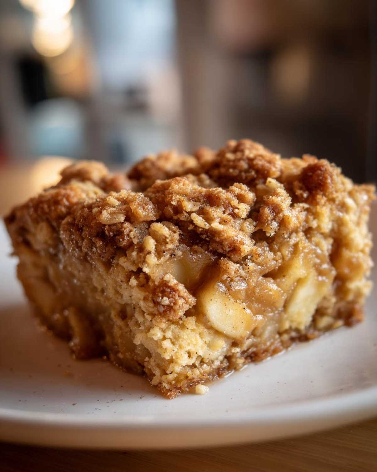 A close-up of a square piece of apple baked oatmeal with a thick, golden-brown crumble topping, served on a white plate.