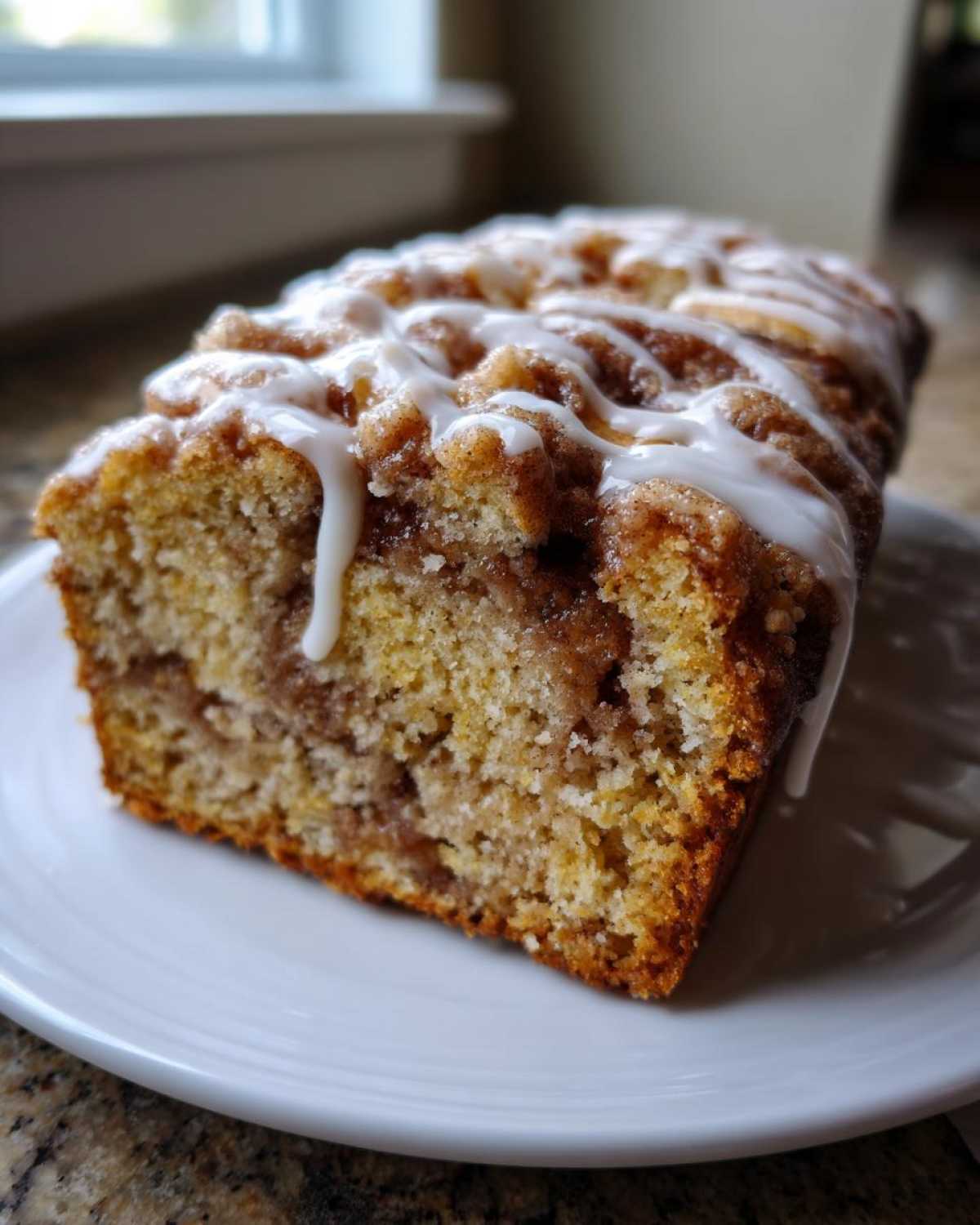 A close-up of a slice of moist apple fritter bread topped with cinnamon swirl and white glaze.