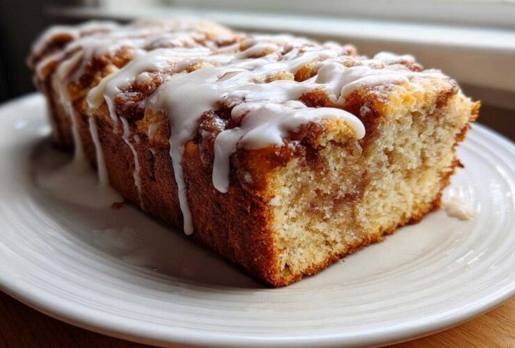 A freshly baked loaf of apple fritter bread drizzled heavily with white icing, sitting on a white plate.