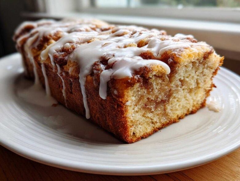 A freshly baked loaf of apple fritter bread drizzled heavily with white icing, sitting on a white plate.