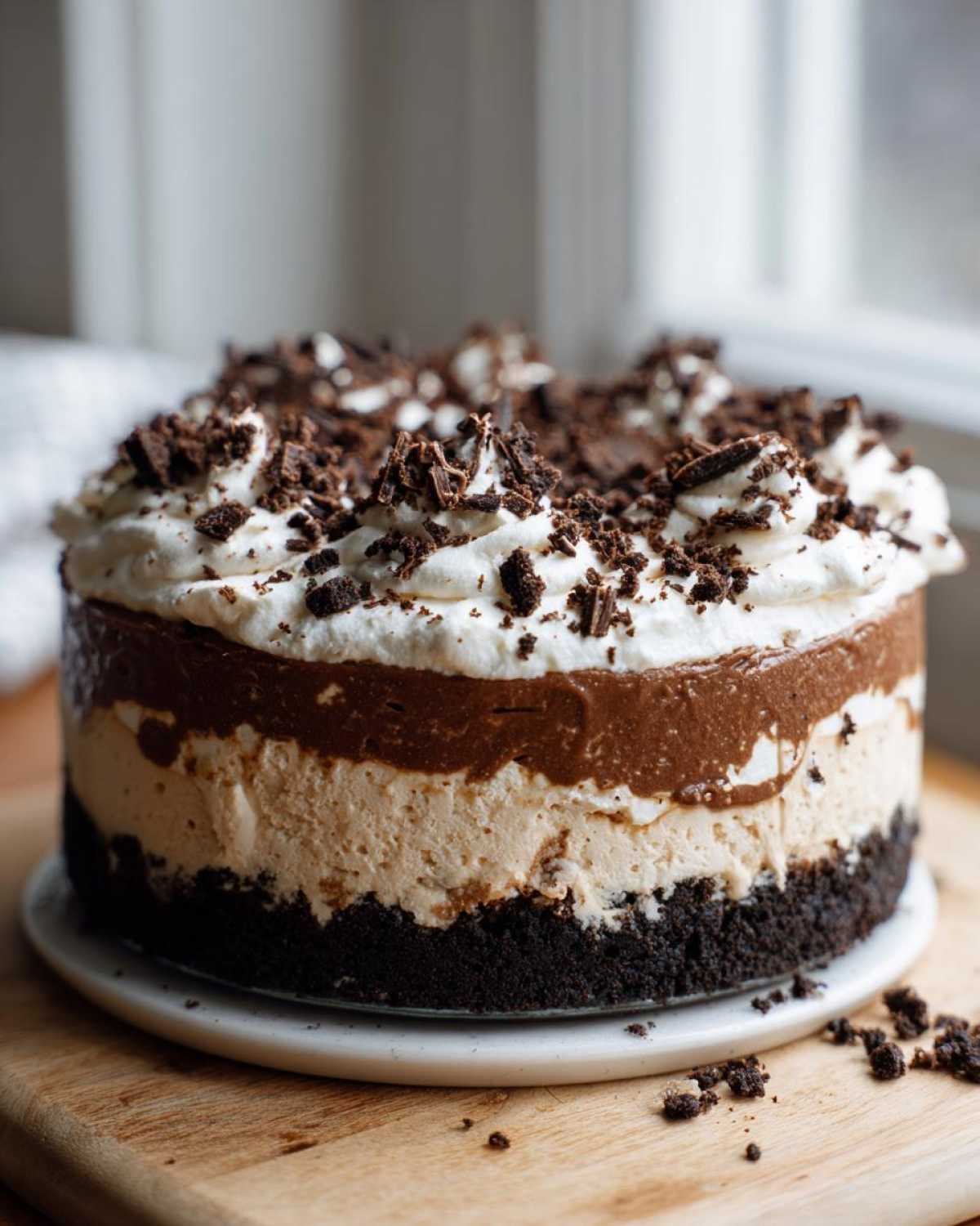 A tall, layered Baileys Chocolate Cheesecake Trifle with chocolate crust, light and dark mousse layers, and whipped cream topping.