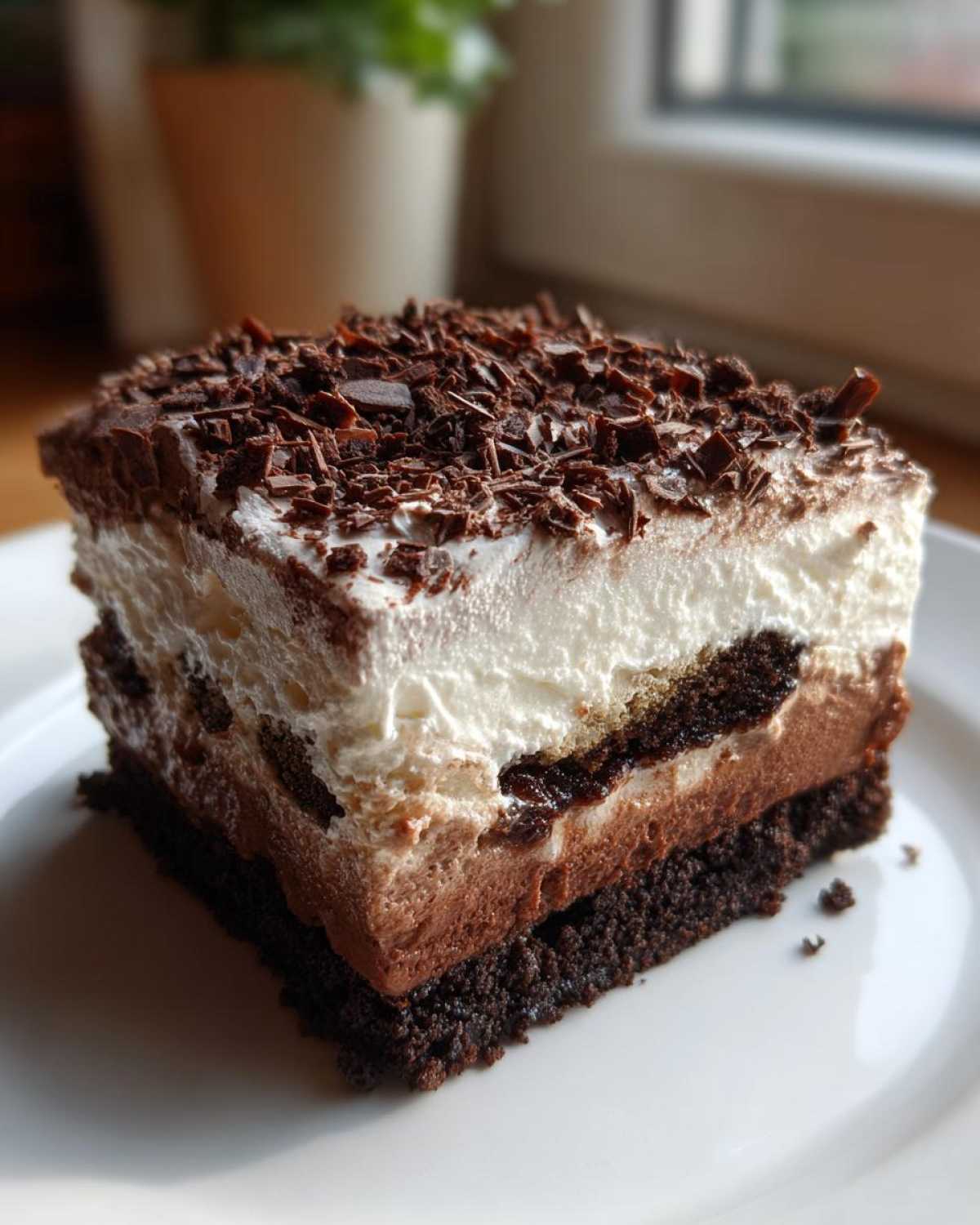 A square slice of Baileys Chocolate Cheesecake Trifle showing layers of dark chocolate base, mousse, cream, and chocolate shavings.