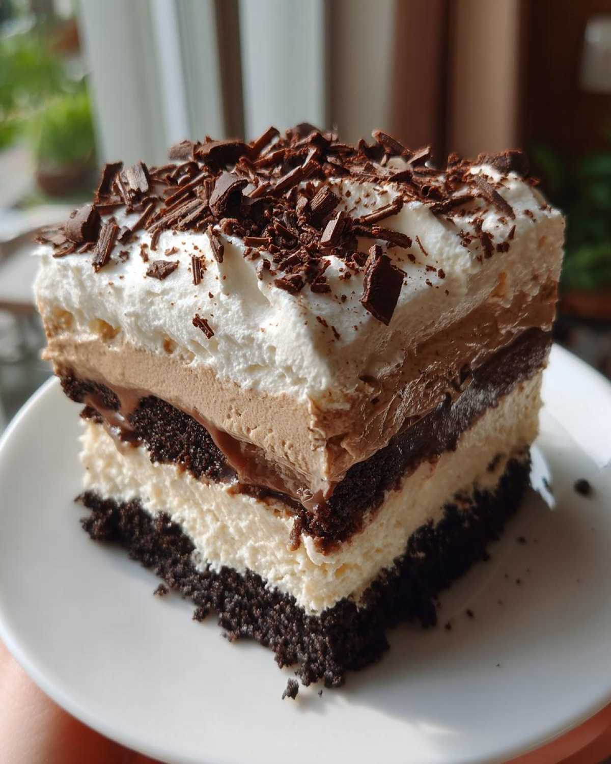A tall, layered slice of Baileys Chocolate Cheesecake Trifle topped with whipped cream and dark chocolate shavings.