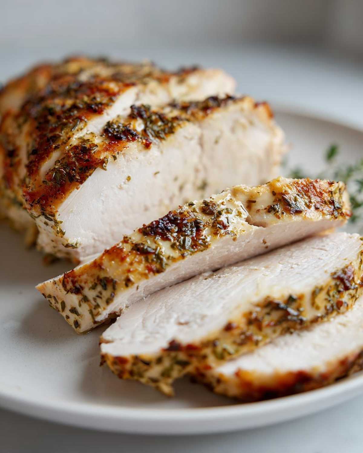 Close-up of juicy, sliced baked chicken breast seasoned with herbs on a light plate.