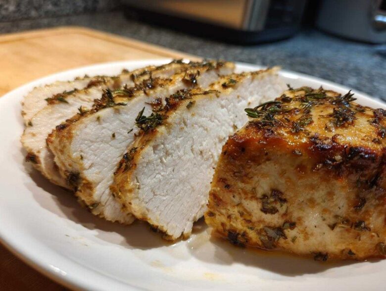 Close-up of juicy, sliced baked chicken breast seasoned with herbs on a white plate.