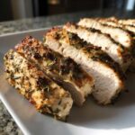 Close-up of perfectly cooked, sliced baked chicken breast with a golden, herb crust.