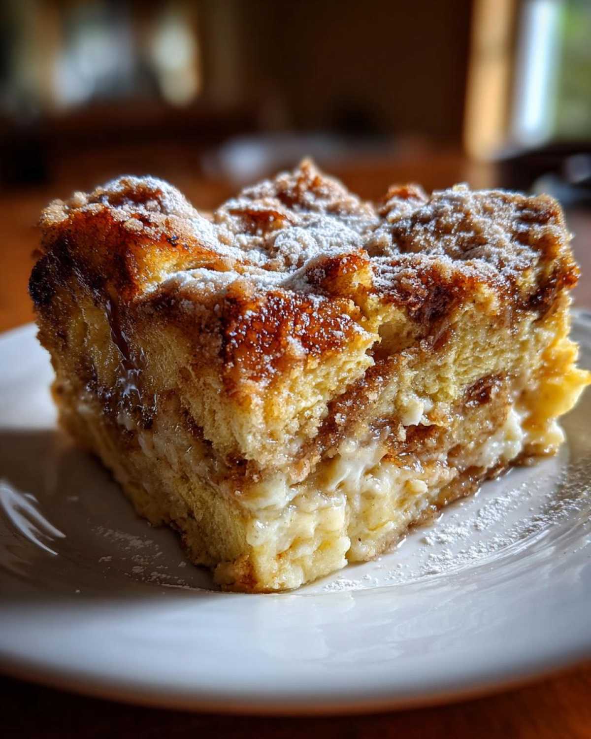 Close-up of a rich slice of baked french toast with a creamy filling and powdered sugar topping.