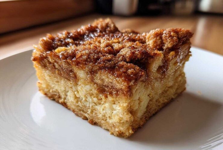 A close-up of a square slice of baked french toast with a thick, sugary cinnamon streusel topping.