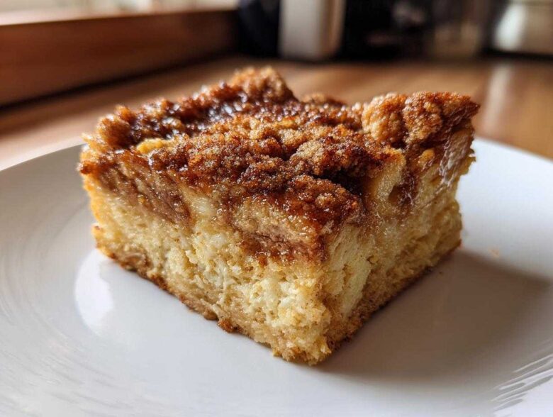 A close-up of a square slice of baked french toast with a thick, sugary cinnamon streusel topping.