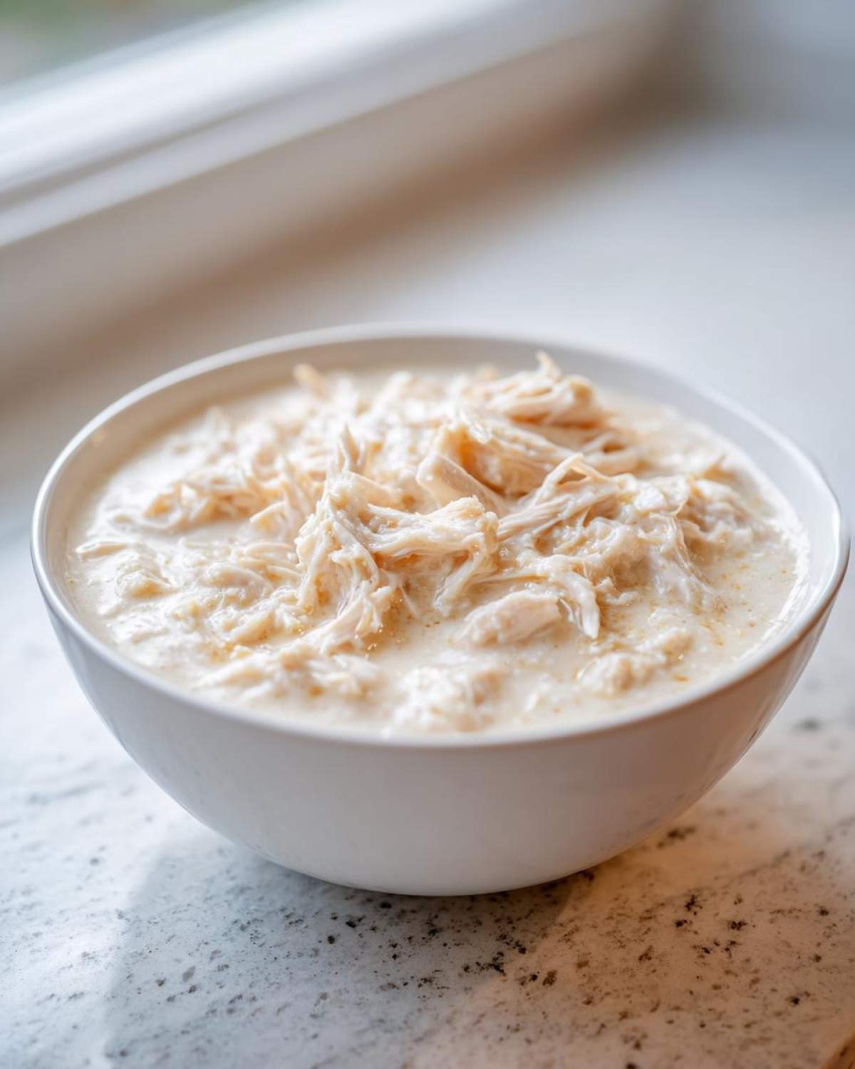 A white bowl filled with rich cream of chicken soup topped generously with shredded chicken.