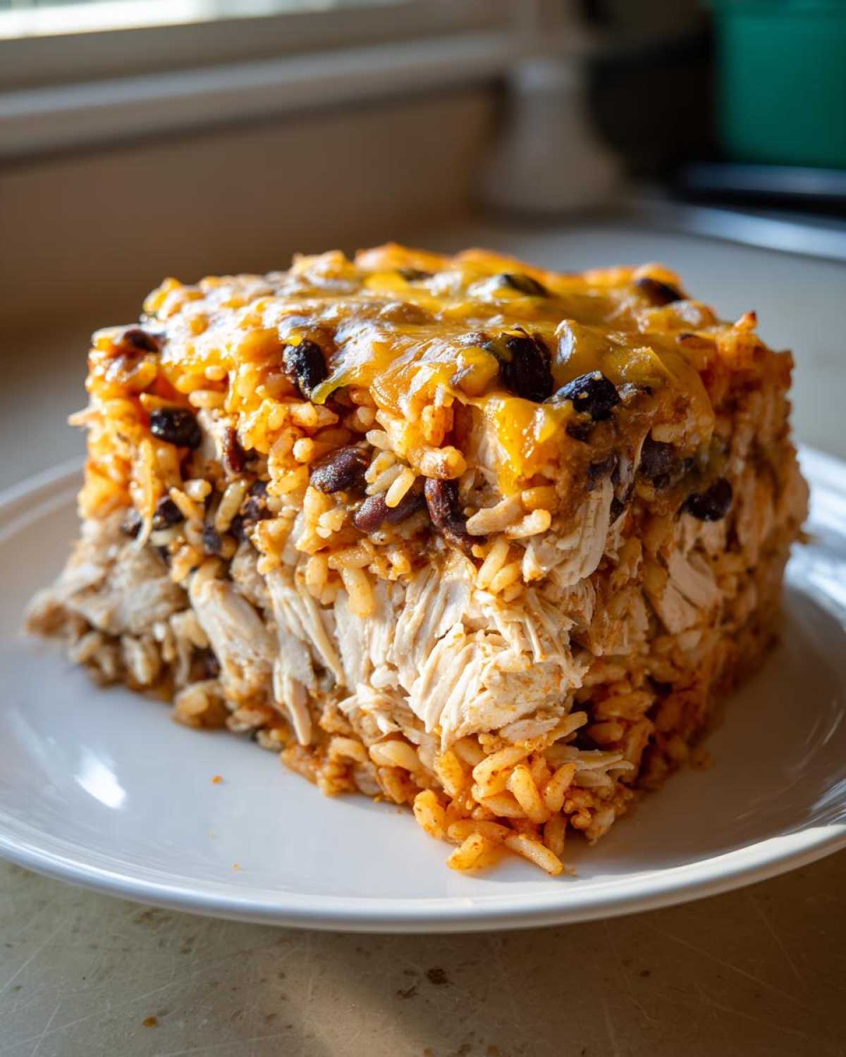 A square slice of layered burrito bake featuring shredded chicken, seasoned rice, black beans, and melted cheddar cheese topping.