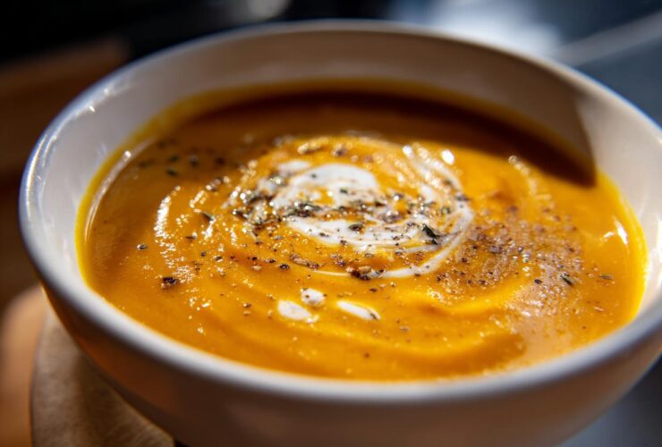 Close-up of a rich, orange butternut squash soup topped with a cream swirl and cracked black pepper.