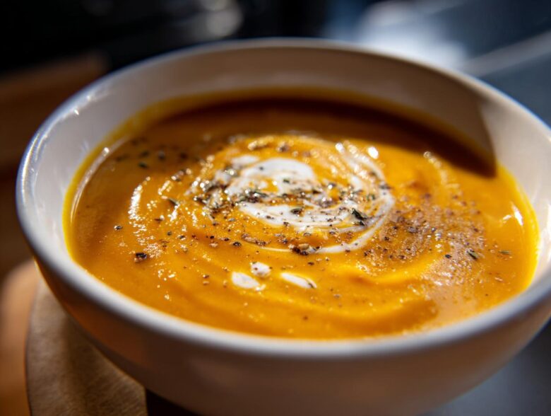 Close-up of a rich, orange butternut squash soup topped with a cream swirl and cracked black pepper.