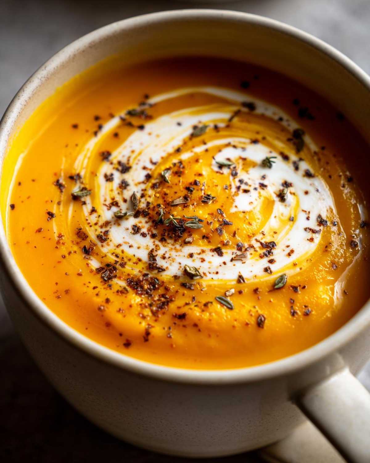 Close-up of rich orange butternut squash soup topped with a cream swirl, spices, and fresh thyme.