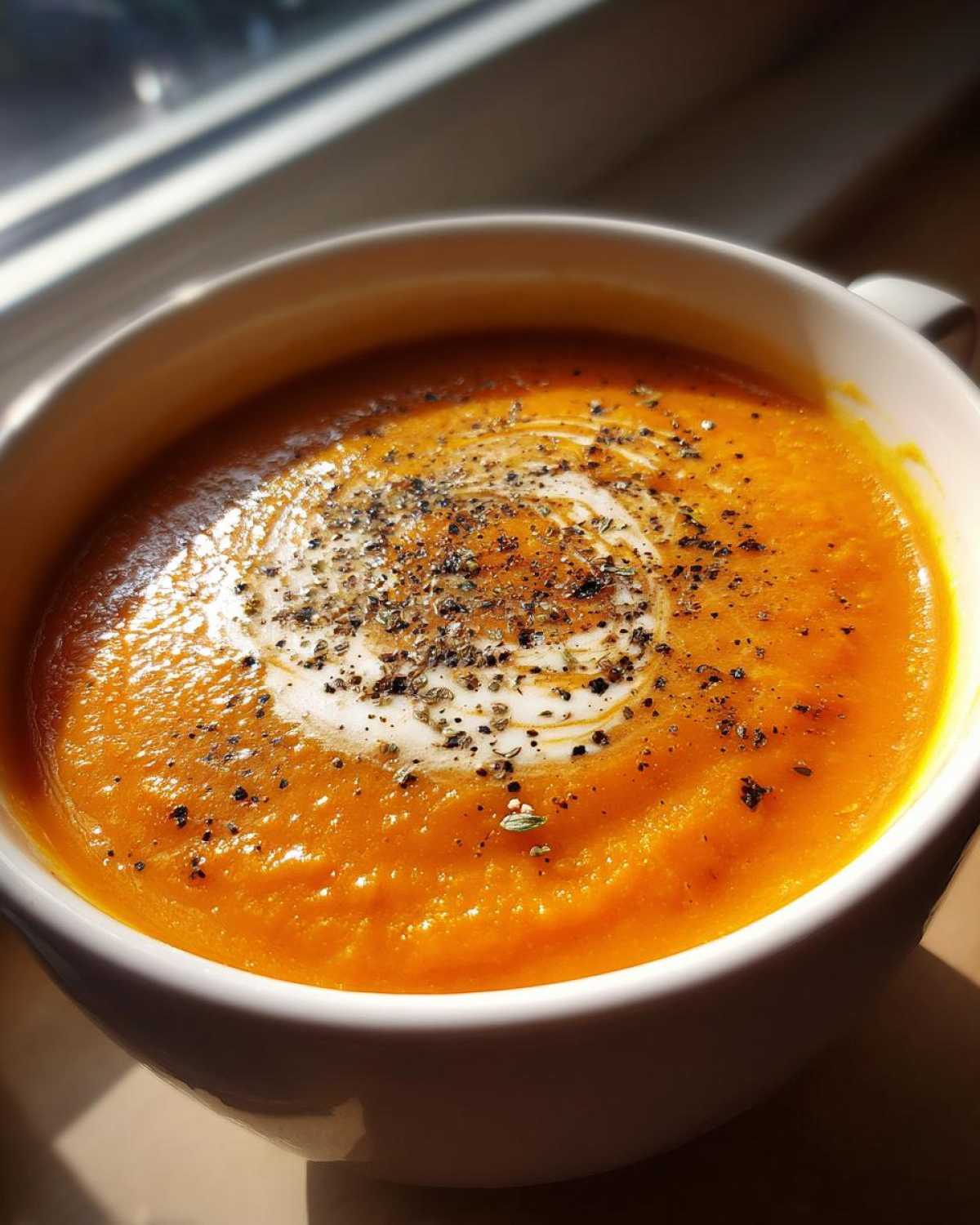 Close-up of vibrant orange butternut squash soup topped with a swirl of cream and cracked black pepper.