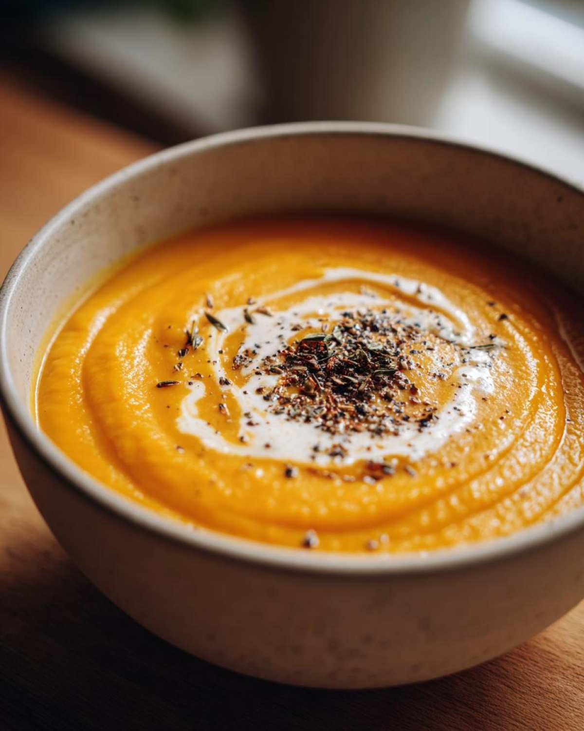 Close-up of rich, orange butternut squash soup topped with cream swirl and dried herbs.
