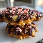 Close-up of stacked caramel ritz cracker christmas cookies drizzled with chocolate and topped with crushed peppermint.