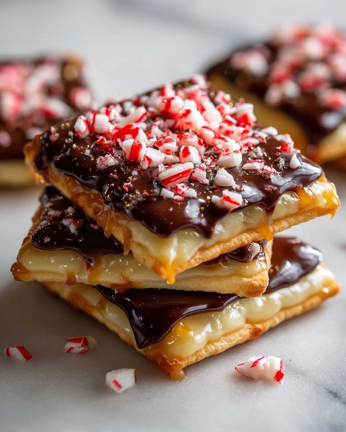 Stack of three caramel ritz cracker christmas cookies topped with chocolate and crushed peppermint.